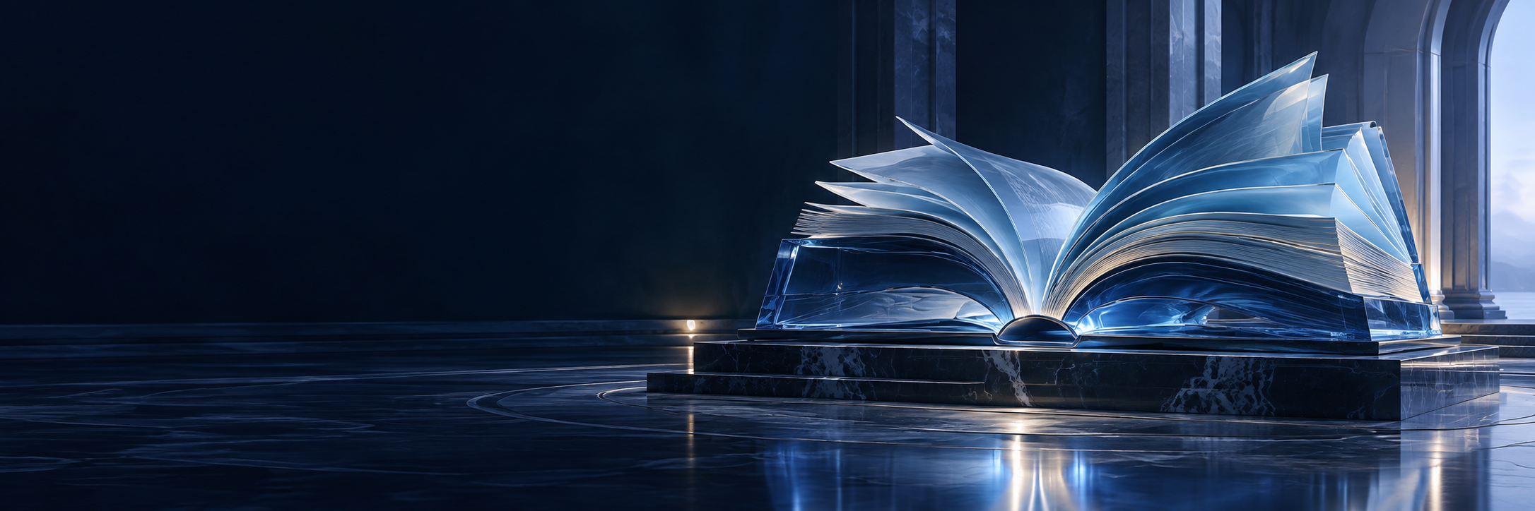 Escultura de un libro azul translúcido